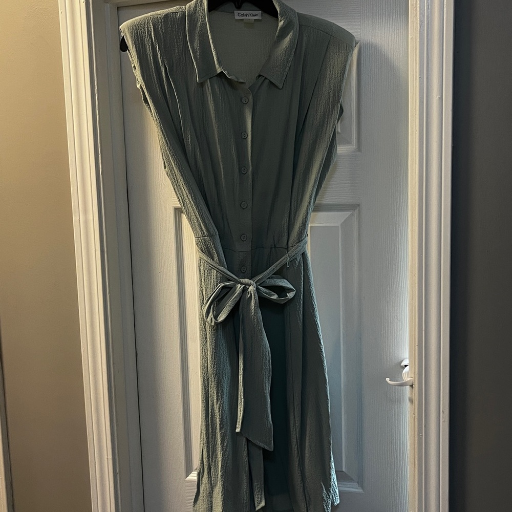 Calvin Klein Sage Midi Dress with Tie Waist